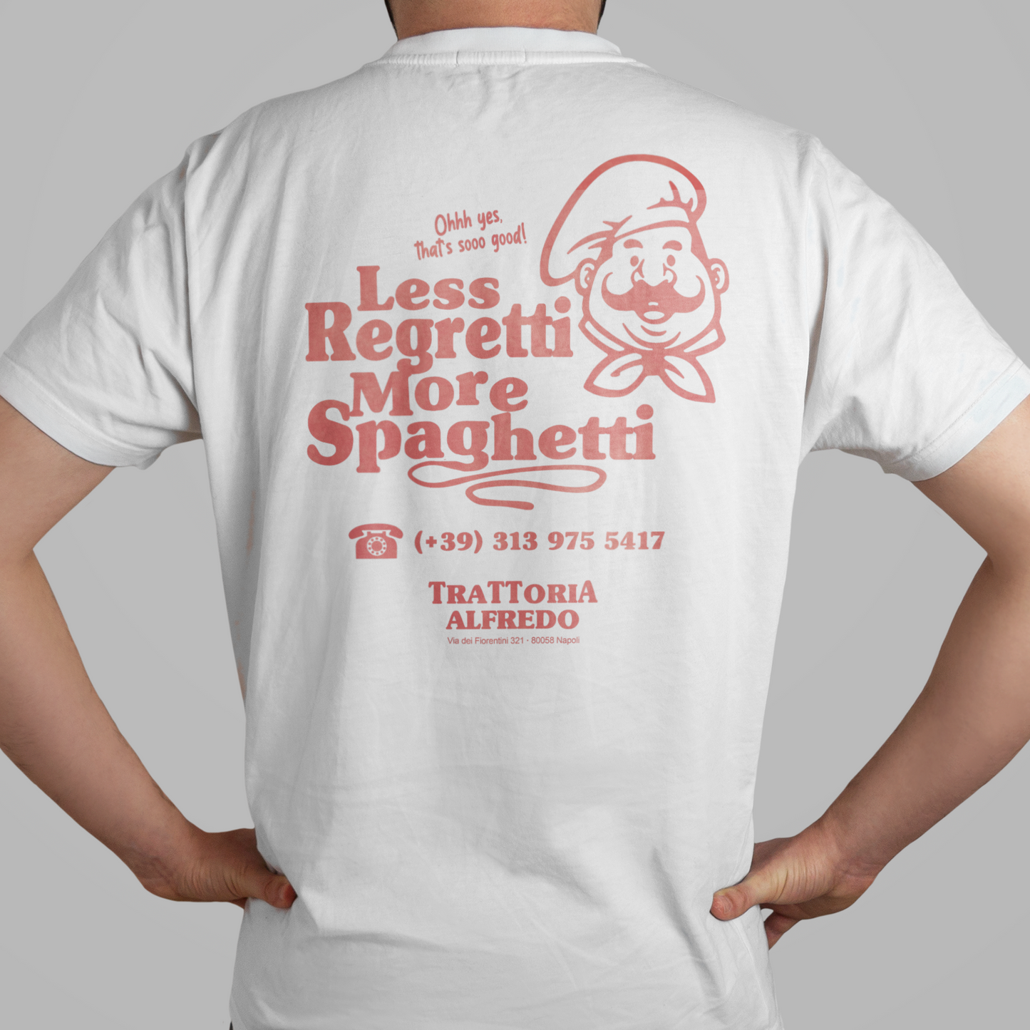 Less Regretti, More Spagetthi - Unisex Shirt aus qualitativer Bio-Baumwolle - Rücken- & Frontprint